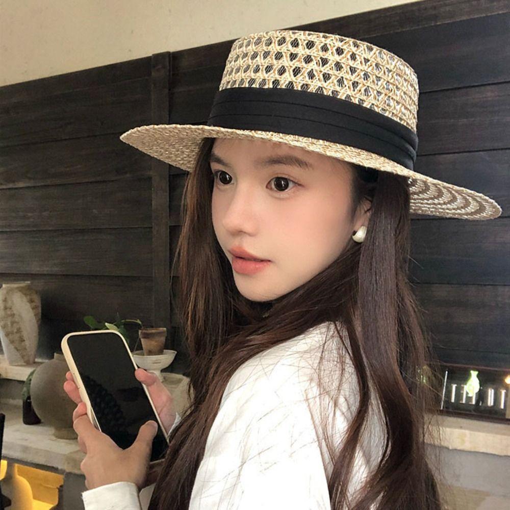 Wide Brim Straw Hat UV Protection Beach Hats French Flat Top Hat for Women