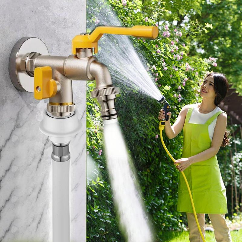 Garden Hose Brass Tap Faucet Adapter One Into Two Out 4 Points Irrigation Joint Outdoor Courtyard Double Water Flower Faucet