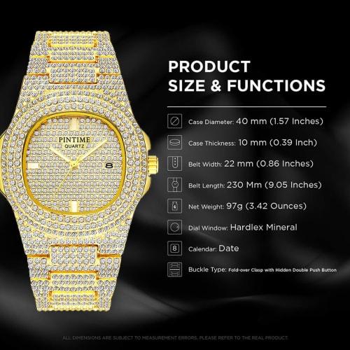PINTIME Men's Diamond Watch Luxury Uni Silver Gold Iced Out Sparkling CZ Crystal Fashion Quartz Women's Wristwatch, Gold, Quartz Wristwatch.