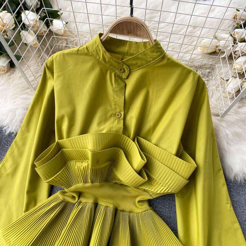 Langarmshirt Damen Dreidimensionale Plissee Rüschen Taille Temperament Vielseitige Frühlingsbluse