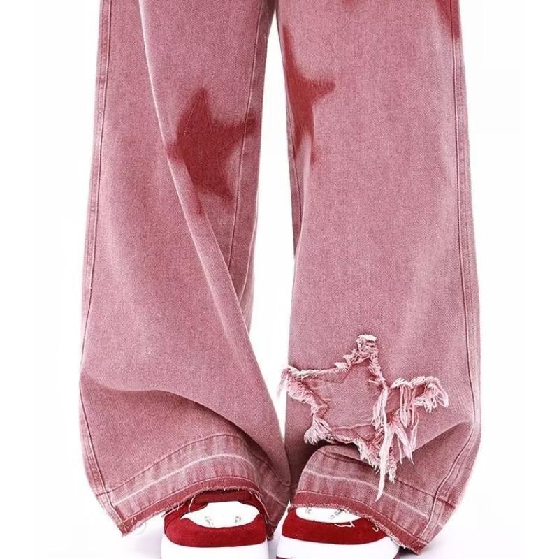 Women's Retro High Waist Wide Leg Jeans with Star Embroidery Loose Fit Casual Pants