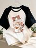 Cute Cartoon Cat Black Short Sleeve Printed T-shirt Casual Crew Neck Tees Tops All Seasons Graphic T Shirt 90s Women's Outfit