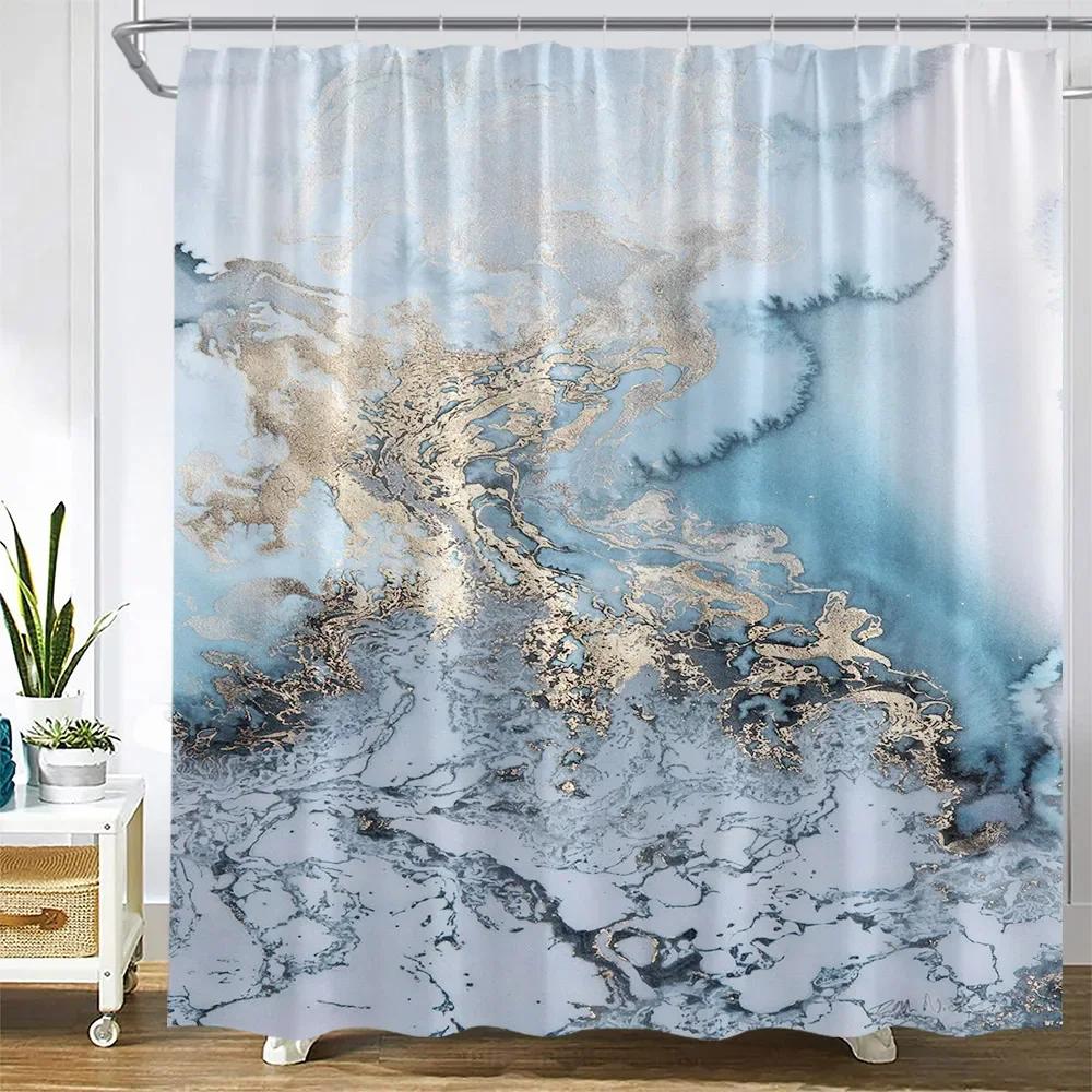 Abstract Marble Shower Curtains Creative Geometric Design Blue Purple Watercolor Print Bath Curtain Modern Fabric Bathroom Decor
