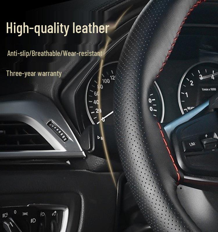 Universal Genuine Leather Steering Wheel Cover, Hand-Stitched, Breathable, All-Season, Fits All Vehicles