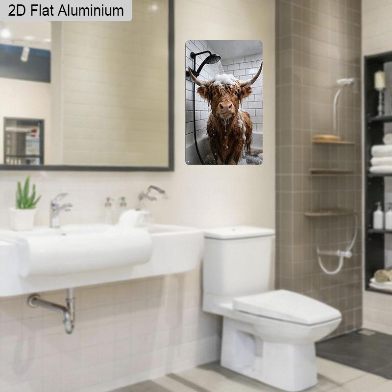 2D Flat, 1pc Funny Highland Cow In Shower Aluminium Metal Wall Decor Sign - 8"x12" Humorous Bathroom Decor, Cute Highland Cattle Bathtub Wall Art