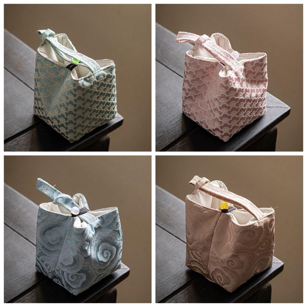 Chinese Style Embroidered Handbag Handbag Cott Tea Tools Storage Bag Solid Color Flower Print Drawstring Bundle Pocket