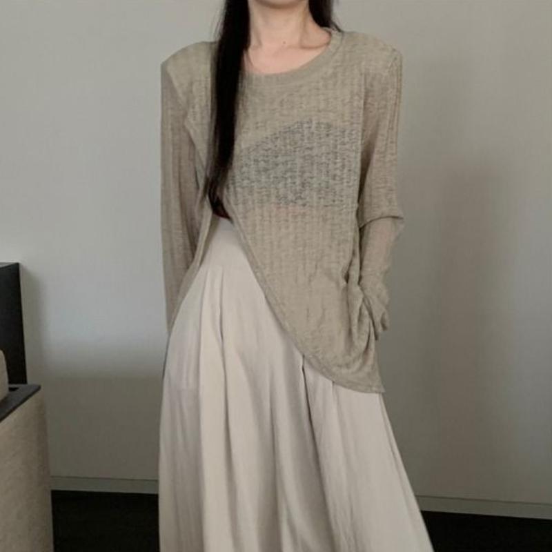 Spicy Girl Irregular Slit Slightly Transparent Long Sleeved Sun Protection Cover Shirt for Women Loose Thin Top for Outerwear