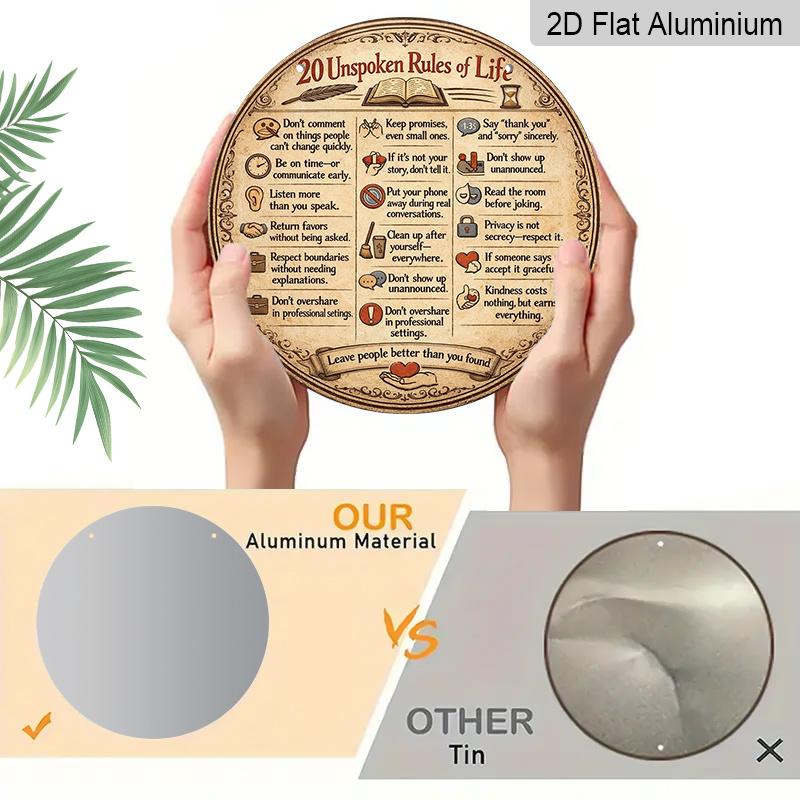 2D Flat, 1pc Round Aluminum Hanging Sign, Vintage Plaque about "20 Unwritten Rules of Life", Inspirational Quotes Wisdom Sayings Life Principles