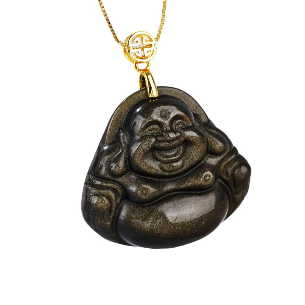 Exquisite Natural Gold Obsidian Laughing Buddha Pendant Amulet Necklace with Clavicle Chain.