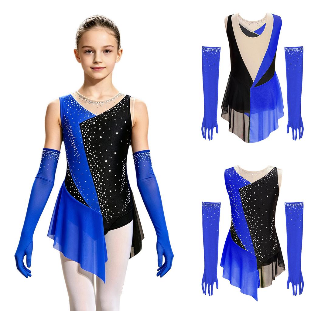 Kids Girls Latin Dance Figure Skating Leotard Sleeveless Mesh Patchwork Shiny Rhinestone Color Block with 1 Pair Gloves Competition Stage Performance