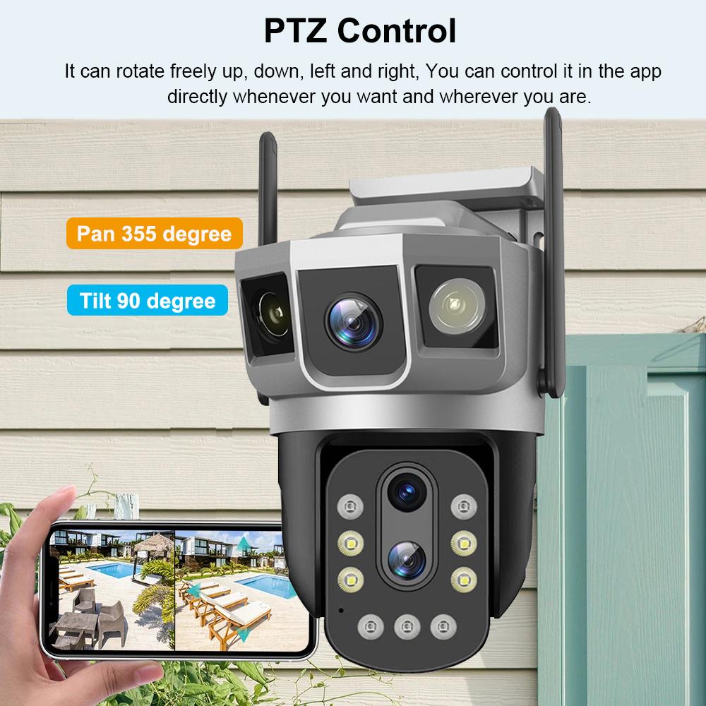 4G IP Camera with 4G Sim Card 12MP 6K Triple Screens Optical Zoom PTZ Motion Detect Color Night Vision Security Monitor EU Plug