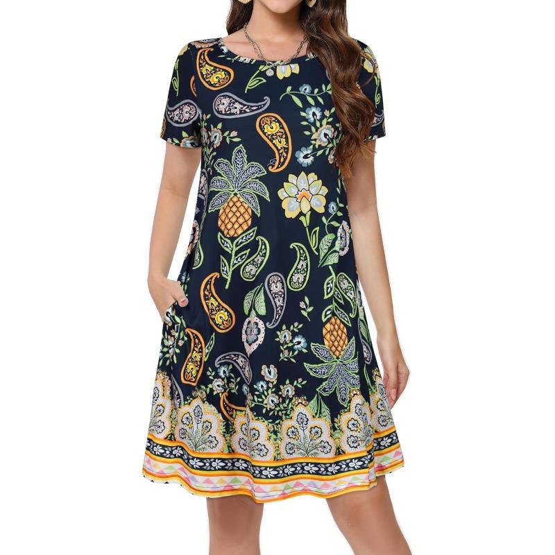 JKASHDK Abiti casual con stampa a fiori, a maniche corte, con scollo a V e vita larga, alla moda estiva da donna