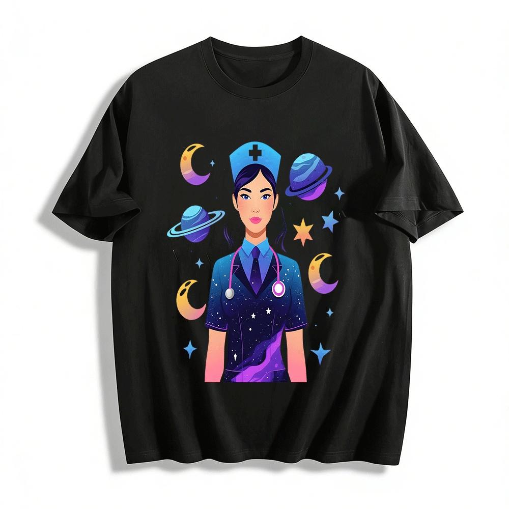 Galaxy Themed Nurse Print Casual Top For Medical Workers Pure cotton T-shirt XXS