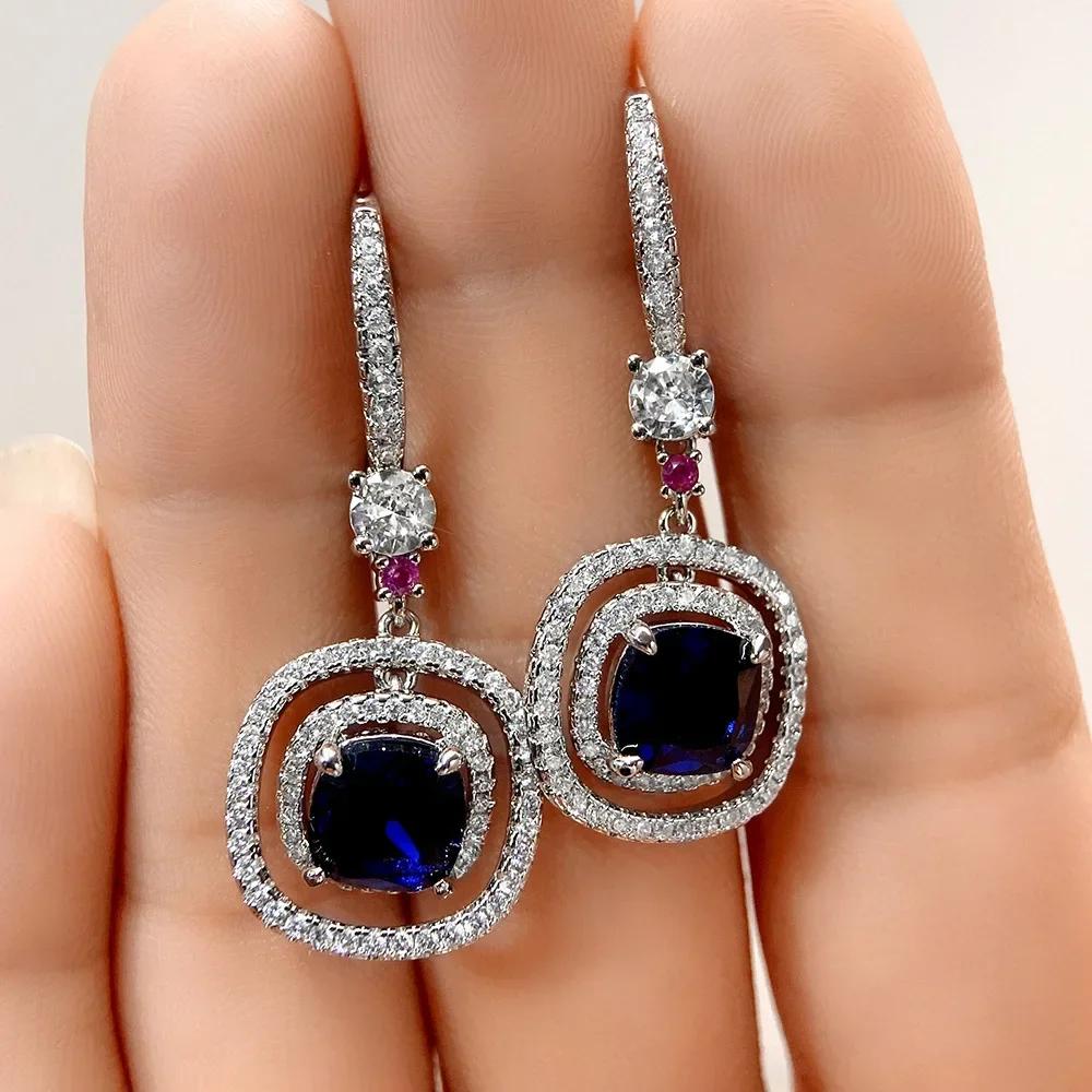 Royal Blue Zircon Oval Earrings Fashionable High-End Design Accessories for Banquets Personalized Simple Zircon