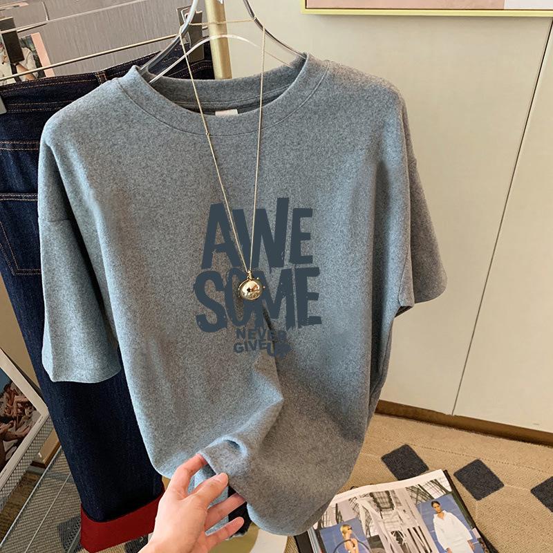 

Women s Summer 2026 Short-Sleeve Pure Cotton T-Shirt, Loose Fit, Straight Shoulder, White Brushed Print. L