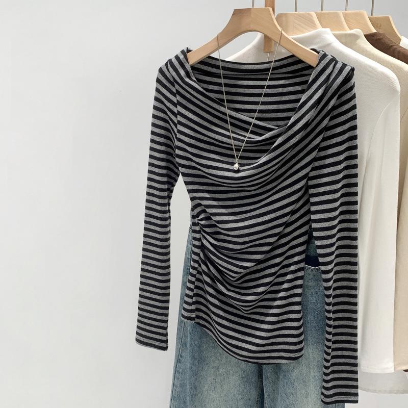 In Stock: Spicy Girl Striped Cross V-Neck Mid-Length Base Shirt - Autumn/Winter Long Sleeve Top L In Stock