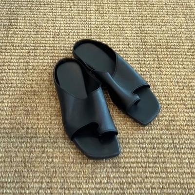 Cowhide Version~ Korean Casual Square Head Set Toe Slippers Women's Outer Wear 2025 Summer Open-toe Flat-bottomed Sandals