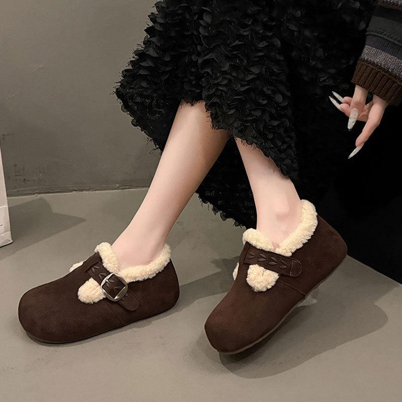 Leather inner height-increasing women's shoes, autumn and winter new thick-soled velvet thermal cotton shoes, one pedal fluffy shoes