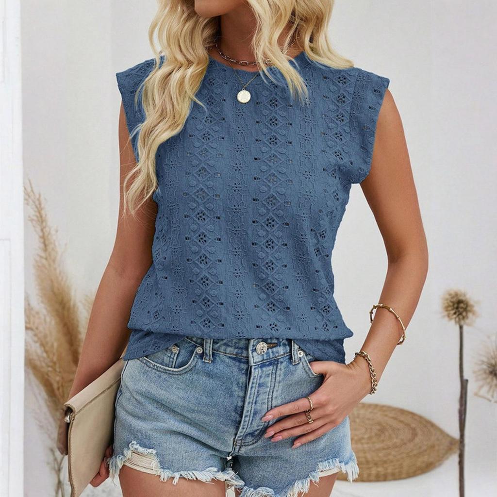 Women's Sleeveless Round Neck Casual  T-Shirt Solid Color Top