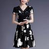 Korean Style Women's Elegant Black Slimming Floral V-Neck Short Sleeve Summer Dress