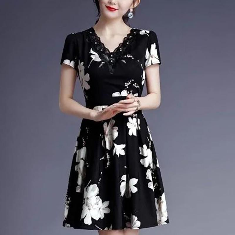 

Korean Style Women s Elegant Black Slimming Floral V-Neck Short Sleeve Summer Dress 3XL чёрный