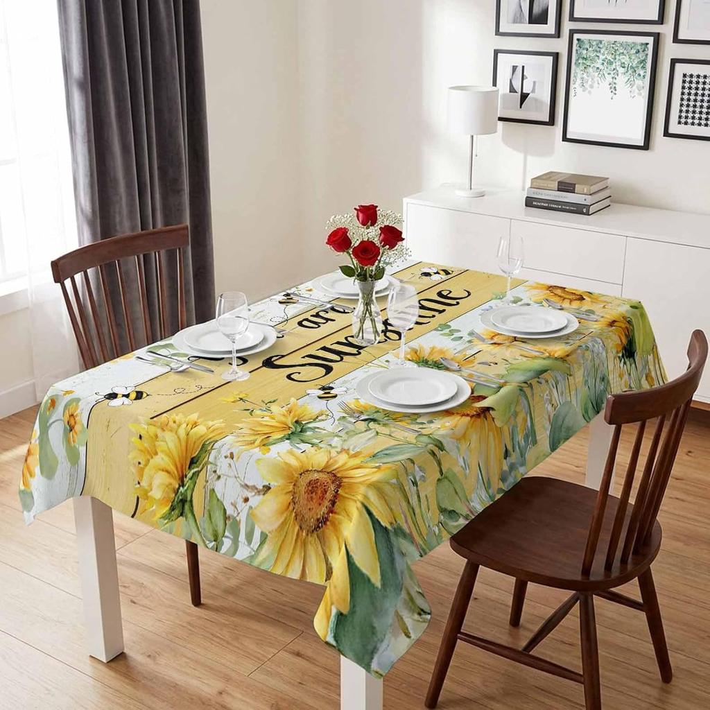 Summer Sunflower Leaves Bee Rectangle Tablecloth for Table Decor Rustic Plants Yellow Wood Grain Dining Table Cloth Party Decor