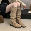 Fashion Comemore Suede Knight Boots Women 2025 New Autumn Retro Pleated Fashion Chunky Heeled Shoes for Women Solid Long Botas Femininas