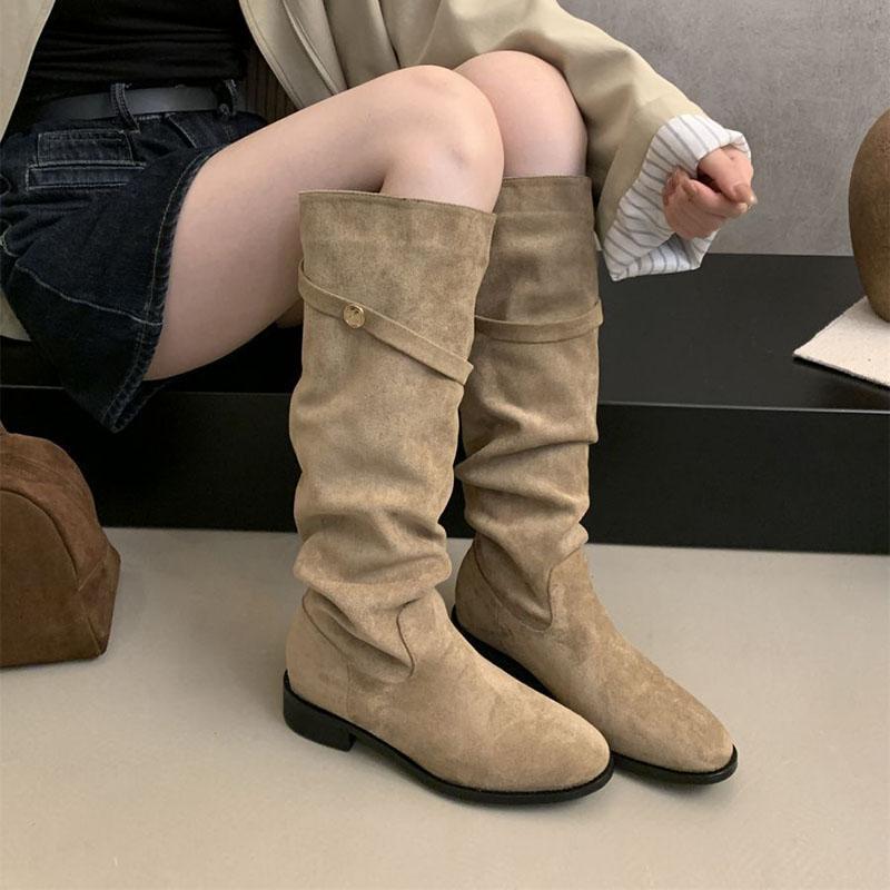 Fashion Comemore Suede Knight Boots Women 2025 New Autumn Retro Pleated Fashion Chunky Heeled Shoes for Women Solid Long Botas Femininas