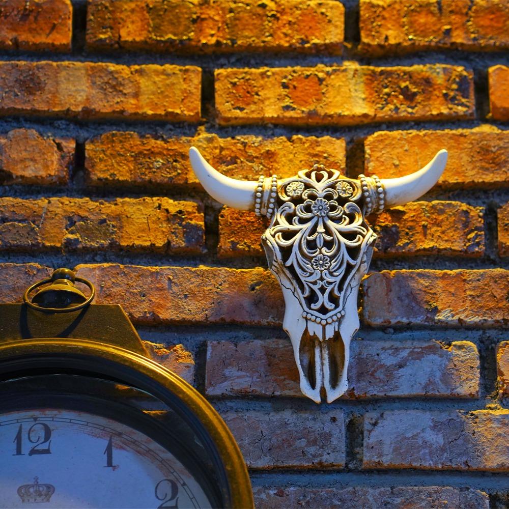 Retro Stierschädel Ornamente 3D Hohl Tier Skulptur Harz Longhorn Kuhkopf Handwerk Wandbehang Dekoration Heimdekor Figur