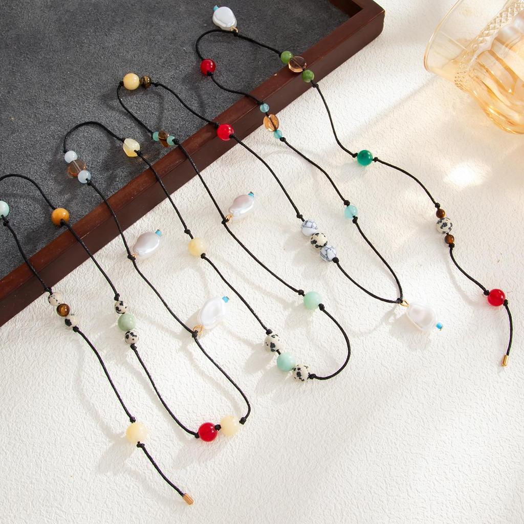 Retro Handmade Y-shaped Necklace with Black Wax Cord, Colored Stones, and Pearls - Fashionable European and American Layered Clavicle Chain.