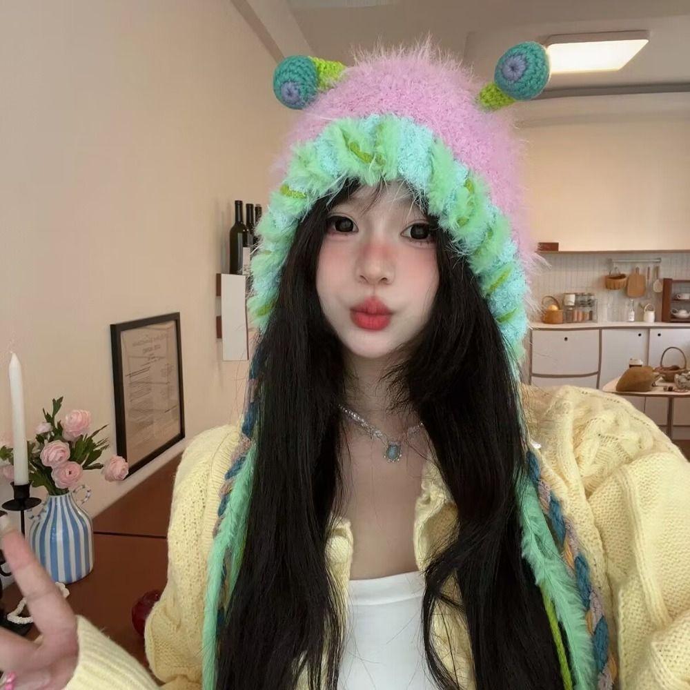 Knit Cleat Plush Beanies Hat Earflap Tassels Hat Cute Alpaca Fiber Pullover Cap Outdoor