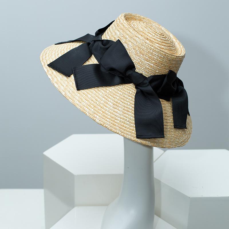 Female Natural Stiff Wheat Straw Boater Hat Summer Flat Top Fedora Hat Women Wide Brim Sun Hats for Travel Beach Jazz Panama New
