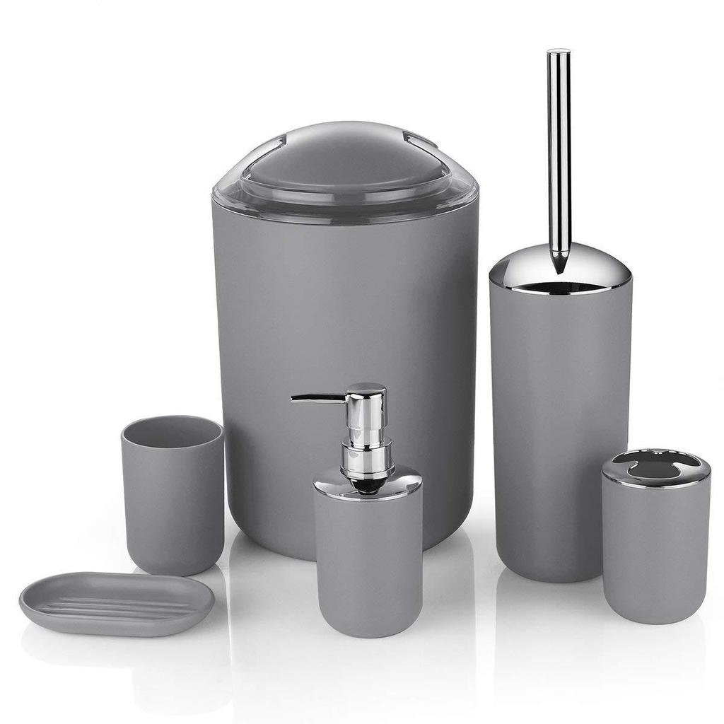 6-Piece Bathroom Set: Trash Can, Toilet Brush, Lotion Bottle, Toothbrush Holder, Soap Dish, and Countertop Decor.