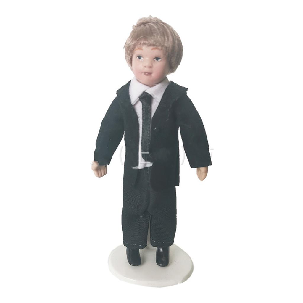 Miniature Boy Doll 1:12 Scale Mini Ceramic Cloth Movable Bendable Joints Doll House Toys for Above