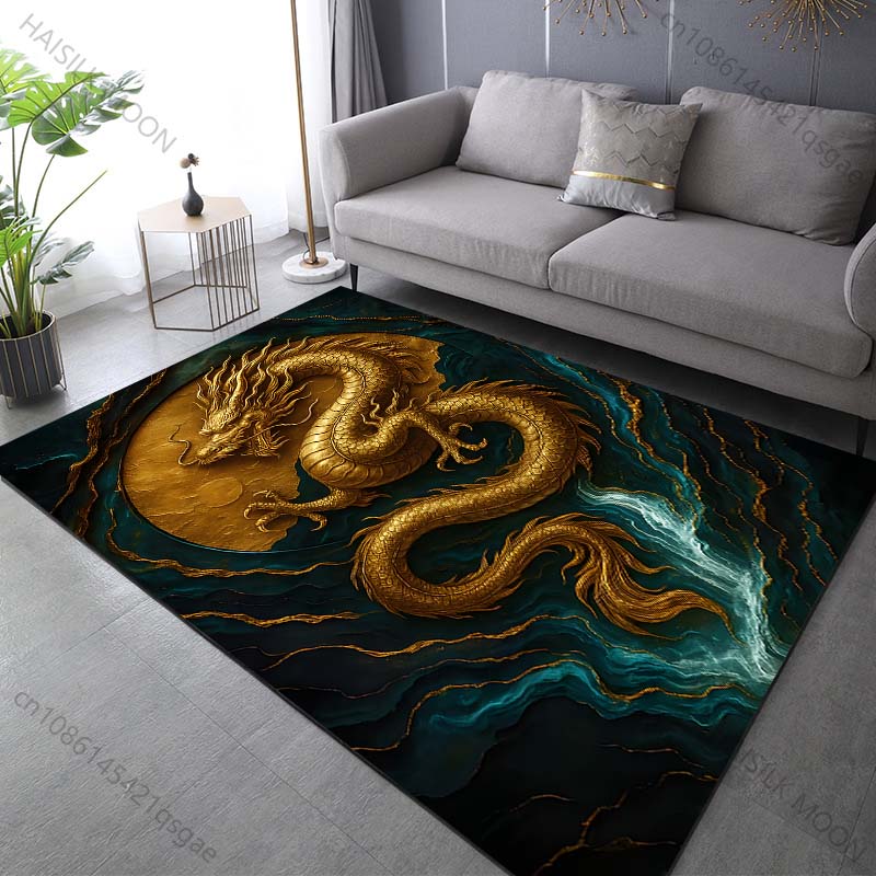 15 Sizes Golden Dragon with Moon Waterfall Print Carpet Rug for Living Room Bedroom Sofa Doormat Home Decor Non-slip Floor Mat
