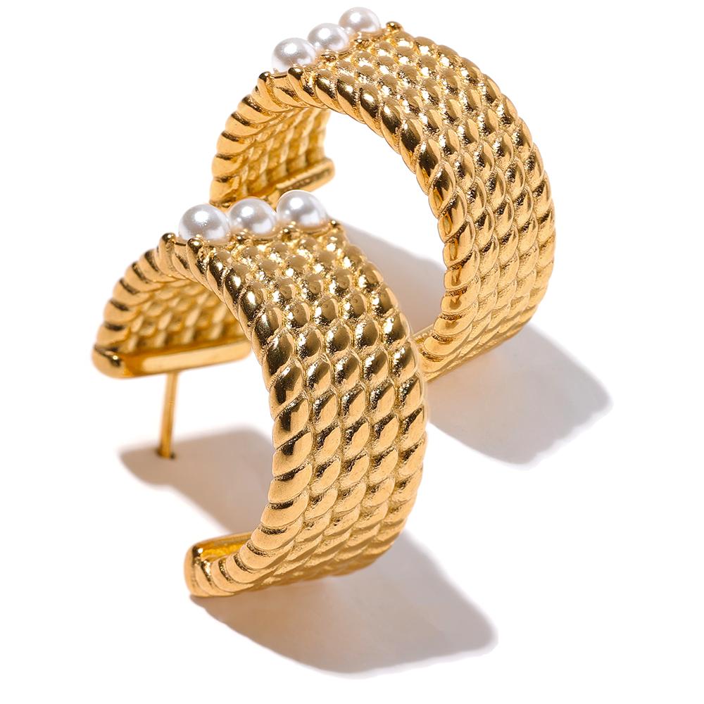 

Yhpup Stainless Steel C Shape Geometric Imitation Pearls Wide Hoop Earrings Gold Color Charm Trendy Fashion Quality Jewelry New