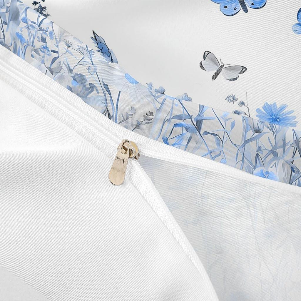 Conjunto de Capa de Edredão de Flores Azuis Tamanho Solteiro Meninas Adultos Mulheres Crianças Estampa de Borboletas Conjunto de Cama Tema Flor de Jardim Zíper