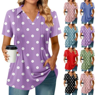 Camisetas femininas de manga curta, plissadas, decote em V, estampa, gola alta, verão, moda, negócios, casual, trabalho