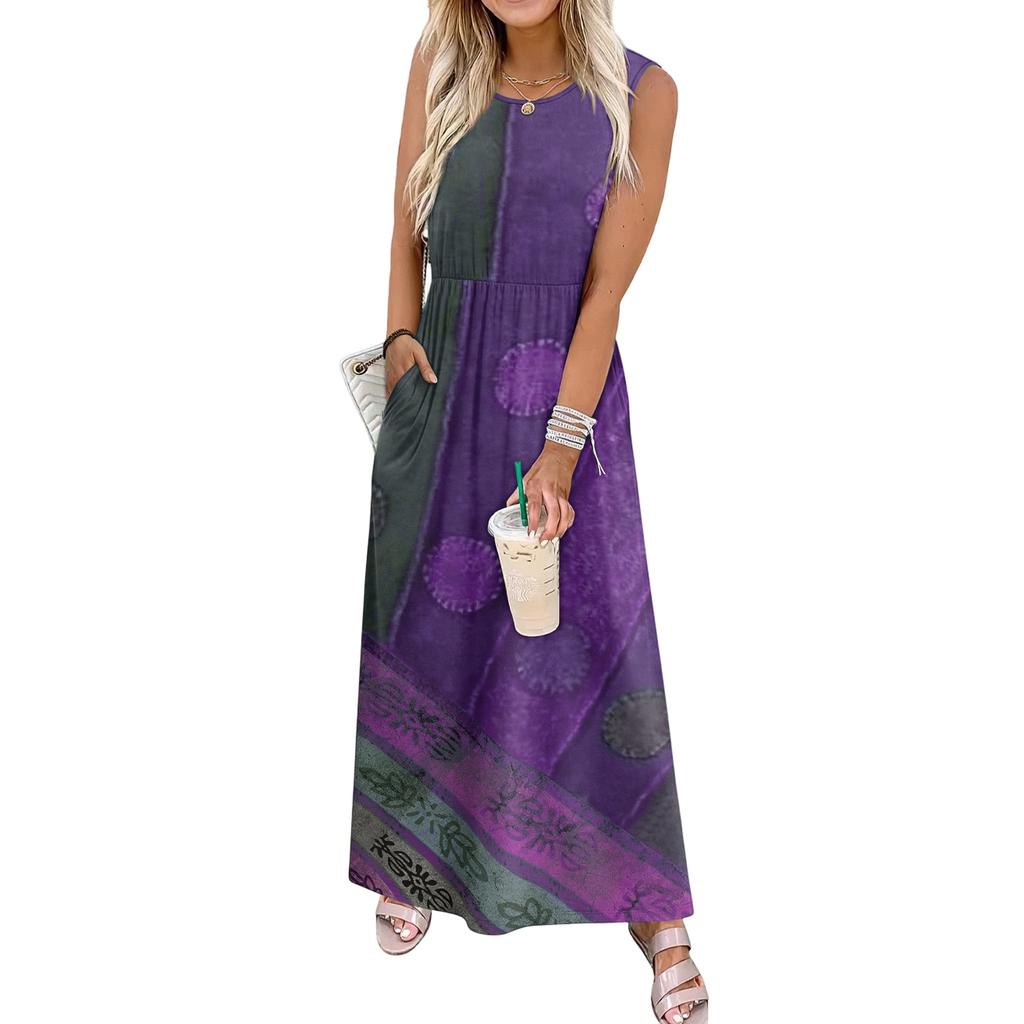Ladies' Floral Print Casual And Fashionable Waist Cinched Sleeveless Dress