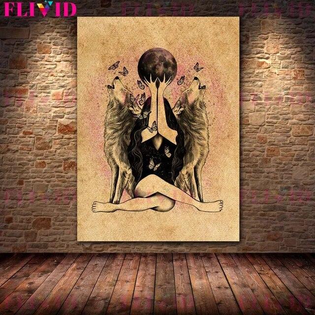 Wolf Woman And And Moon Wicca Vintage Wall Art Canvas Painting Daughters Of The Moon Art Poster And Print Home Decor No Frame
