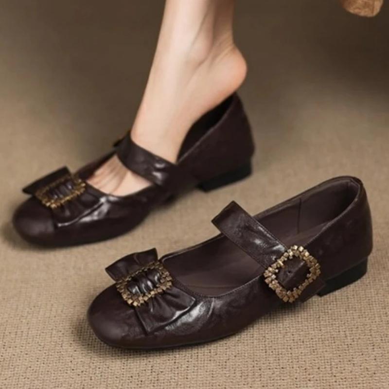Fashion Retro Round Toe Metal Buckle Flat Mary Jane Shoes Women Fashion Round Toe Bow Low Heel Pumps Elegant Brand Designer Dress Shoes