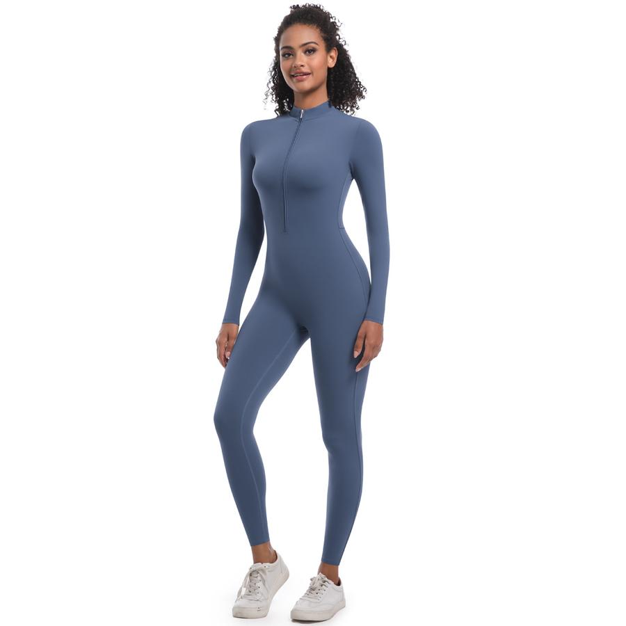 New Style Halter Zip Slim Fit Solid Color High Elastic Long Sleeve Yoga Suit Athletic Running Workout Bodysuit
