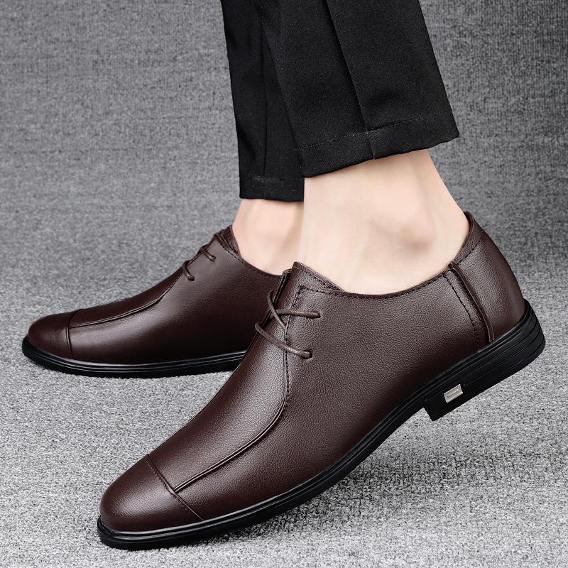 Spring & Autumn Men's Height Increasing Genuine Leather Lace-up Casual Shoes - Soft Sole, Large Size