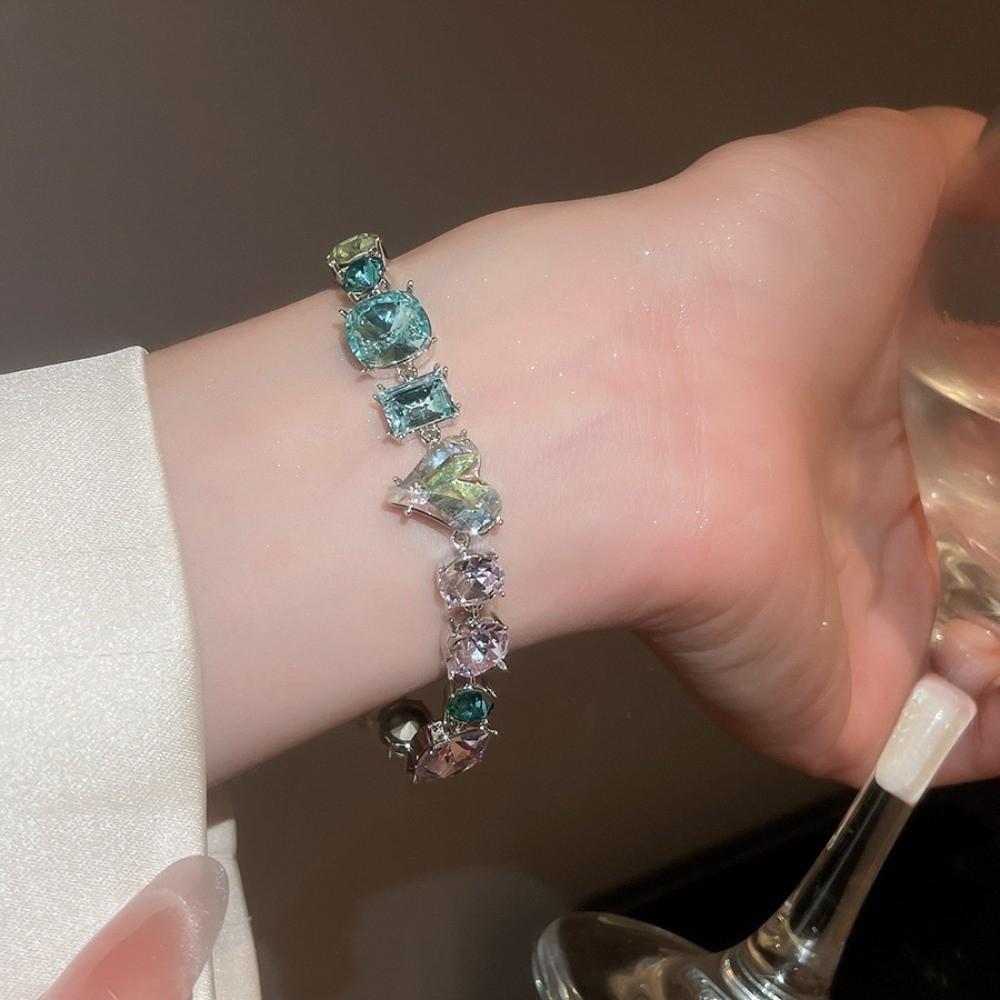 Love Heart Colorful Rhinestone Bangle Square Round Women's Hand Bracelet  Women Girl