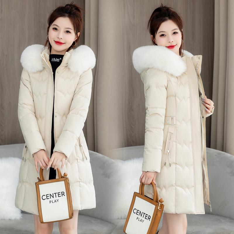 Women's Mid-Length Hooded Cotton Jacket with Large Fur Collar - Fashionable, Slimming Winter Outerwear with Waist Tie