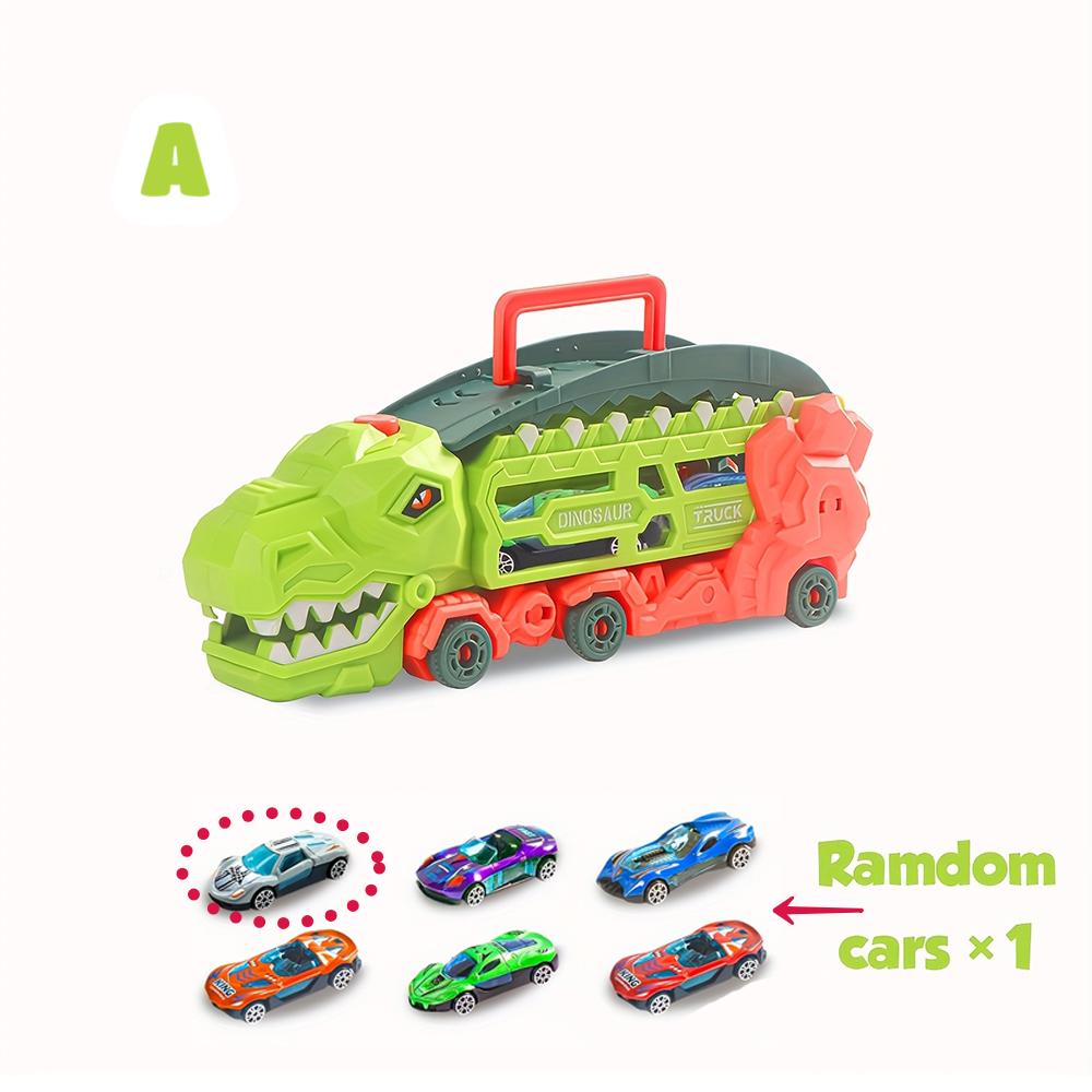 Transport Dinosaur Truck with Foldable Sliding Race Track, Transforms into Standing T-Rex & Trike, Best Birthday Gift for Kids