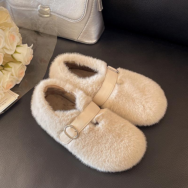 French Fluffy Shoes for Women's Outer Wear 2025 Autumn and Winter New One-pedal Plush Mary Jane Doudou Single Shoes Cotton Shoes