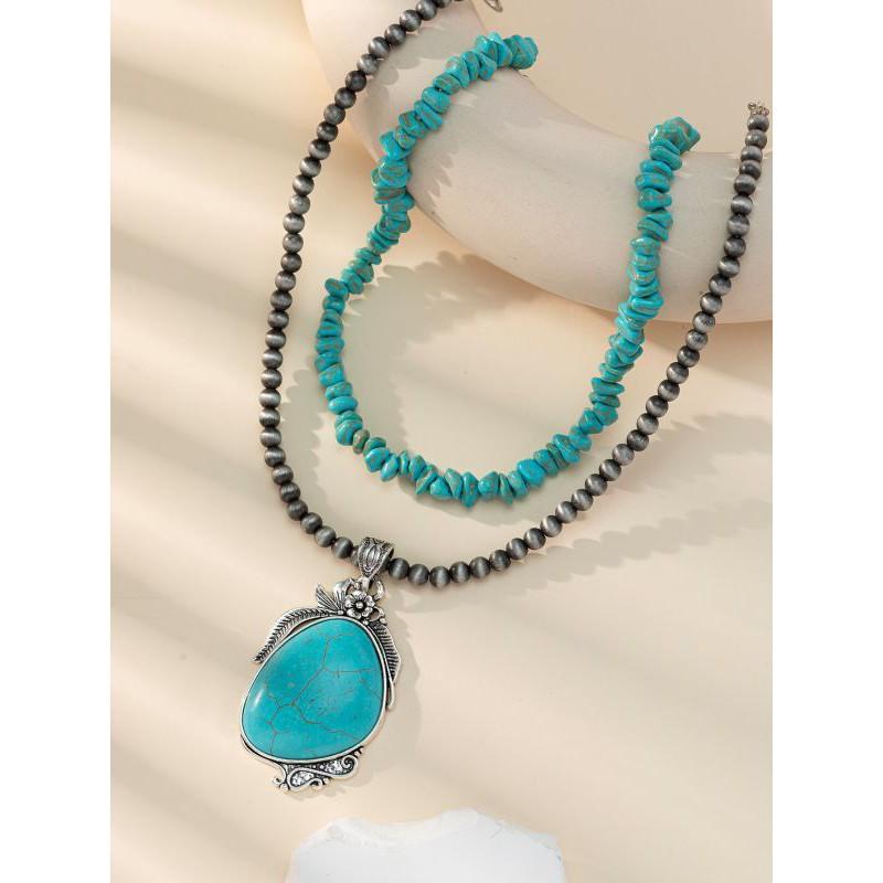 Boho Vintage Turquoise Chip Bead Layered Necklace Ethnic Style Alloy Pendant Chain Women Men
