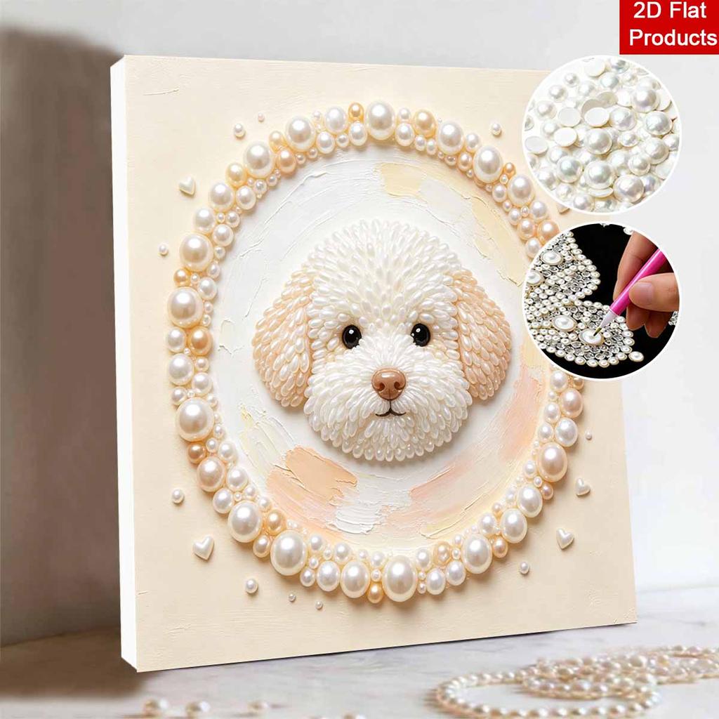 DIY 5D Pearl Bead Painting Kit with Frame Cute Bichon Dog Design Shiny Canvas Art for Bedroom Wall Decor and Special Birthday Gift