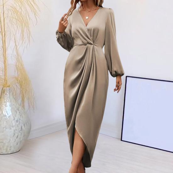 Women Dress Irregular Slit Hem High Waist Pleated Long Puff Sleeves Solid Color V Neck Formal Party Banquet Maxi Dress